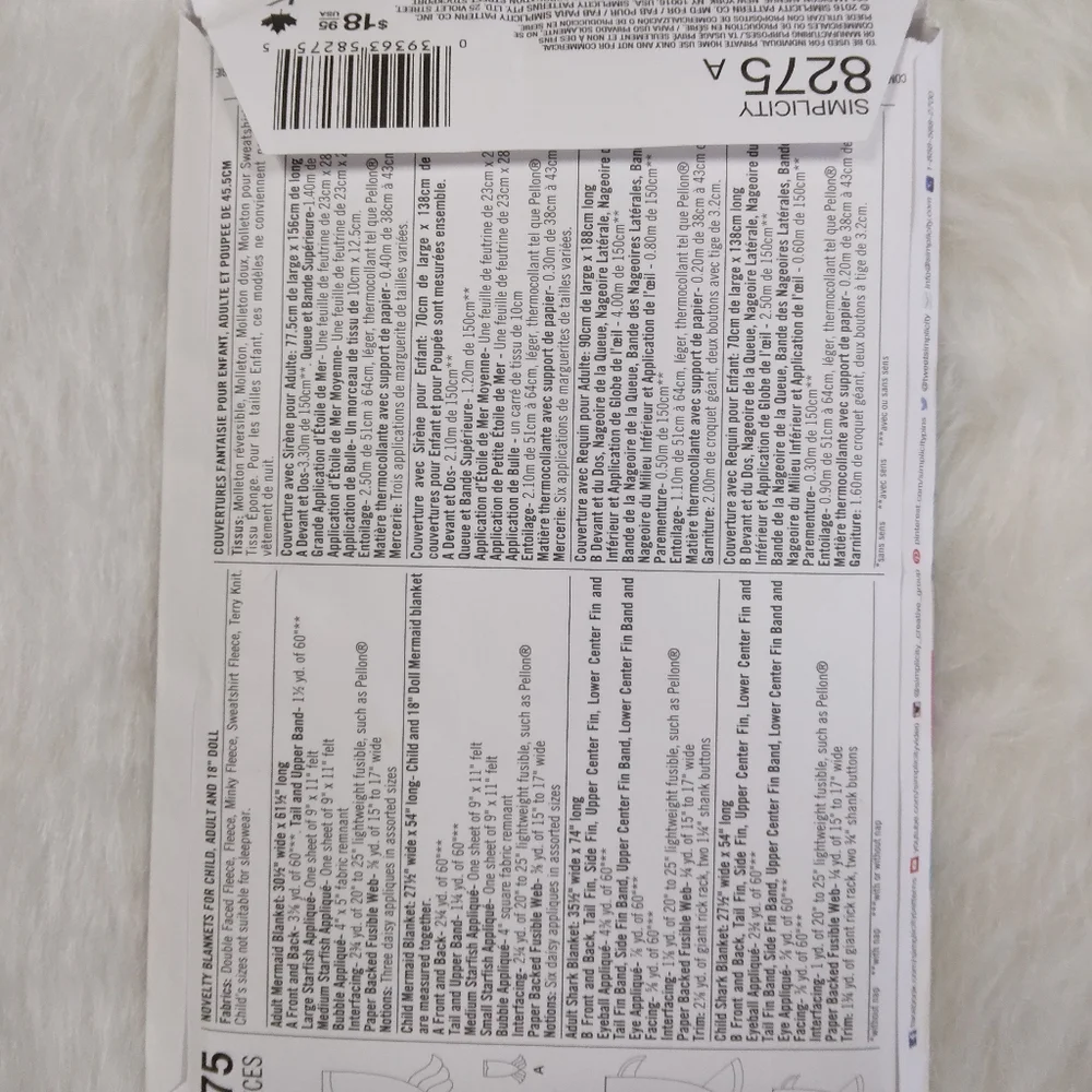 Simplicity 8275 Novelty Blankets for adult, child, & American Girl Doll,…